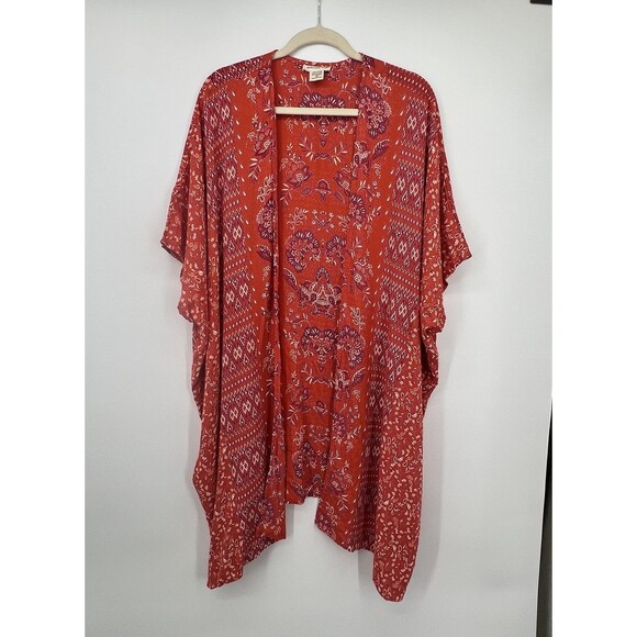 Romantic Gypsy Kimono Duster Cover Up Boho Red Floral Sz S Oversized Festival - Picture 1 of 10